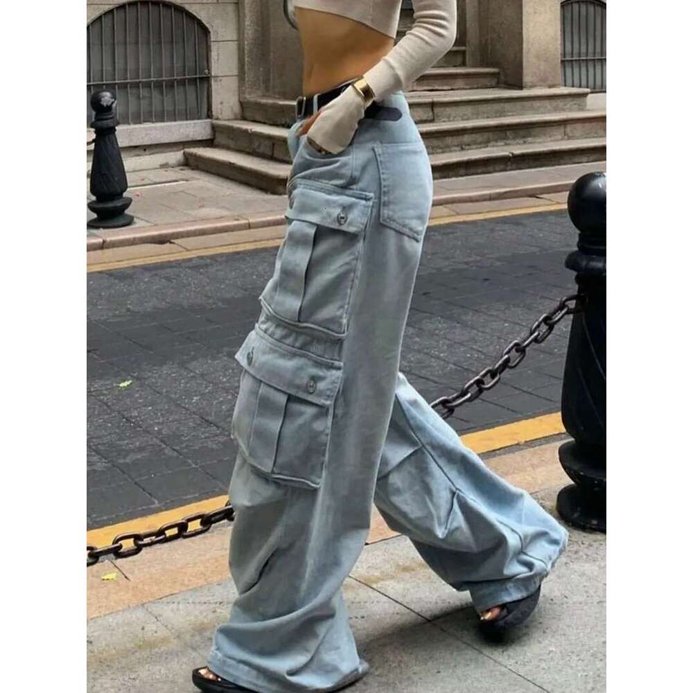Women Haruku Y2k Streetwear Jeans American Style Retro Multi-Pocket Straight Cargo Pants Trend Mid-Waist Casual Blue Trousers