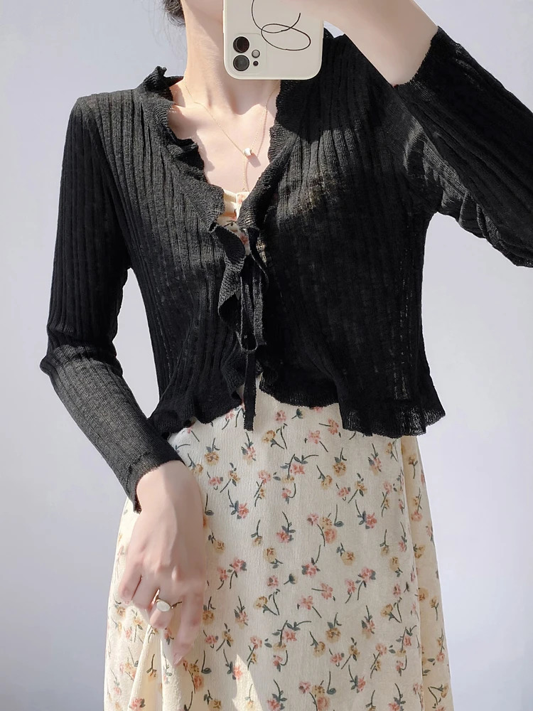 Lace border button long sleeved crop top womens short open front rib knitted cardigan summer Fairycore dress 250407