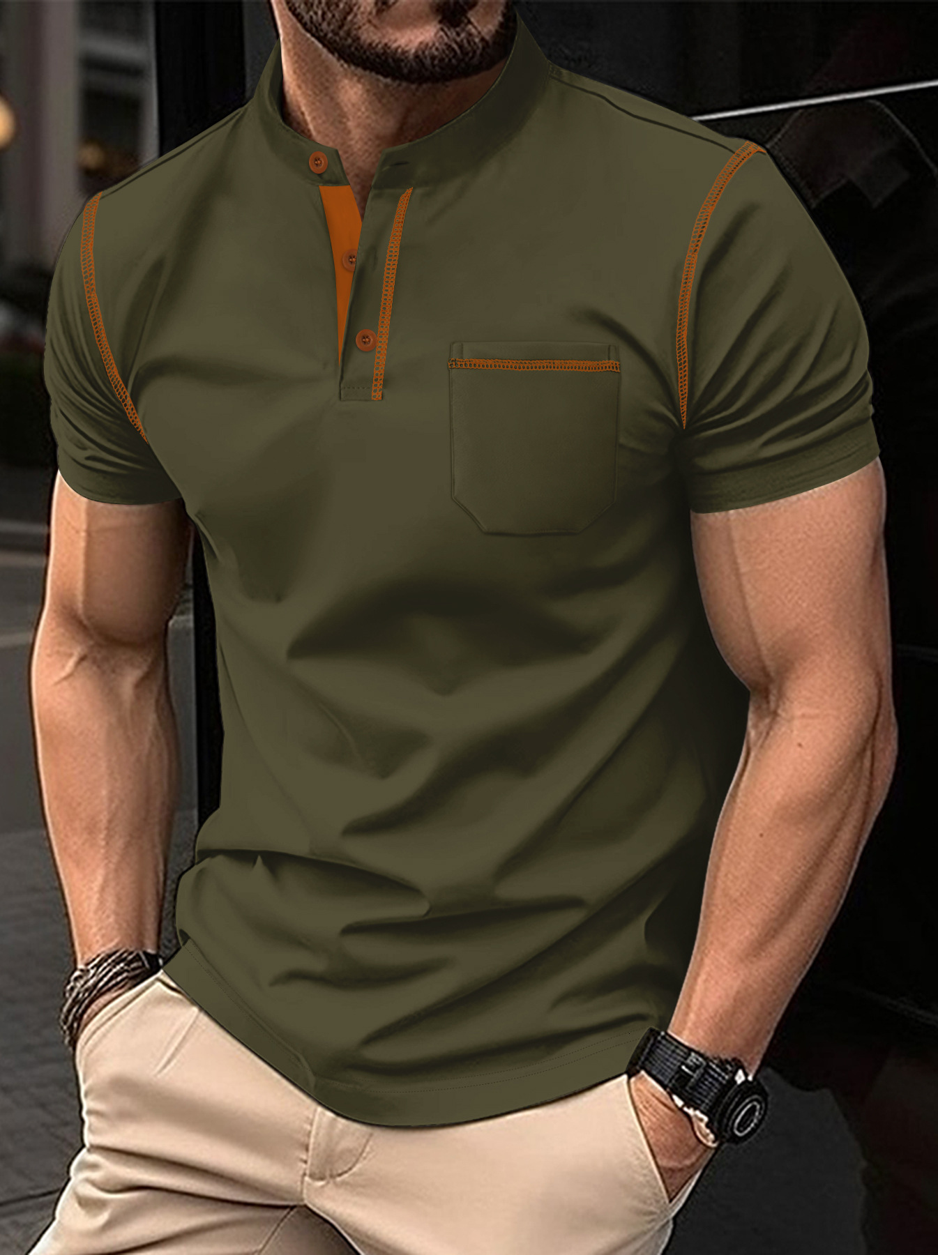 Ins summer mens polo shirt with stand up collar pocket mens sports polo shirt