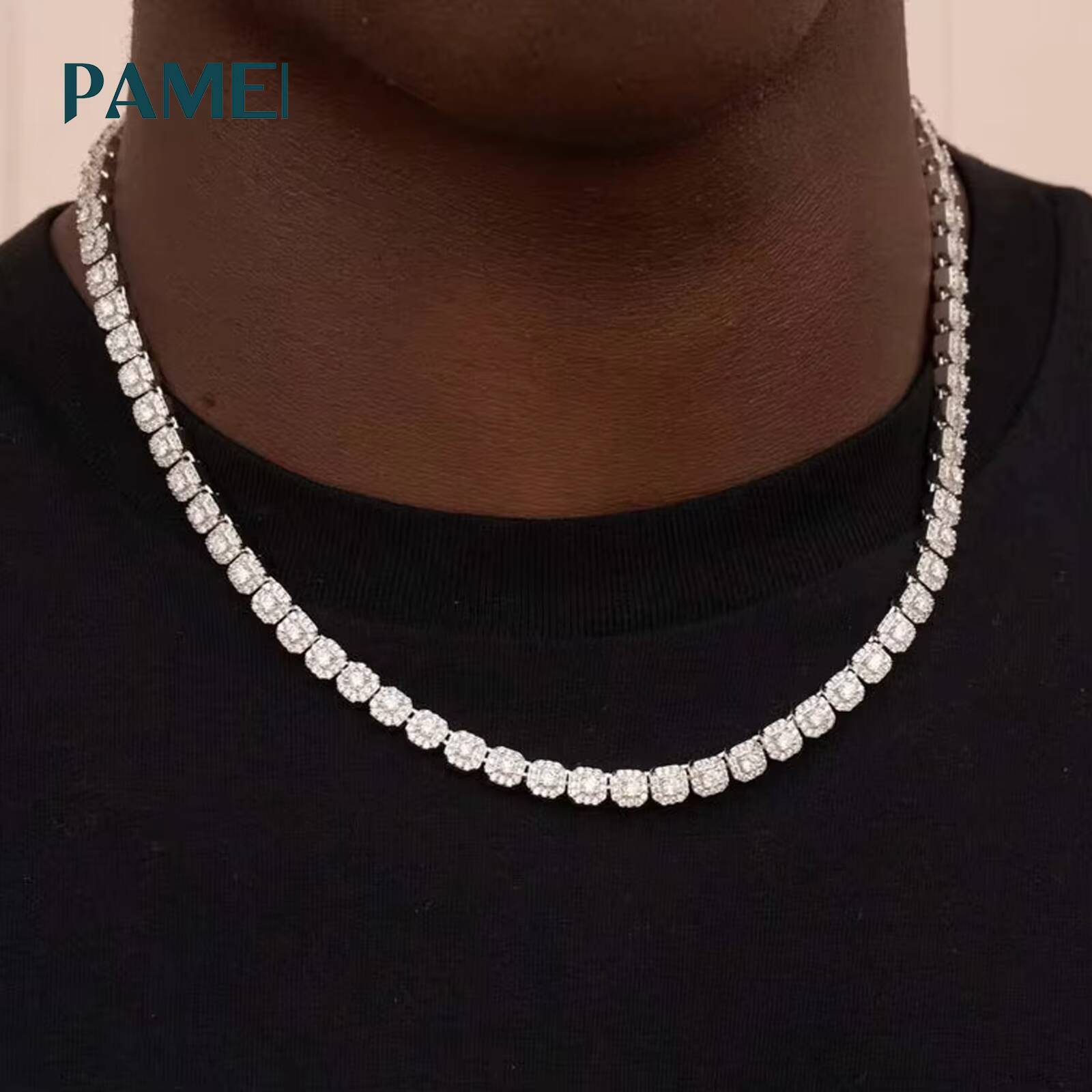 Hip Hop Classic Tennis Chain Necklace 6mm 925 Sterling Silver VVS Moissanite Diamond Fine Jewelry Necklace for Men Women