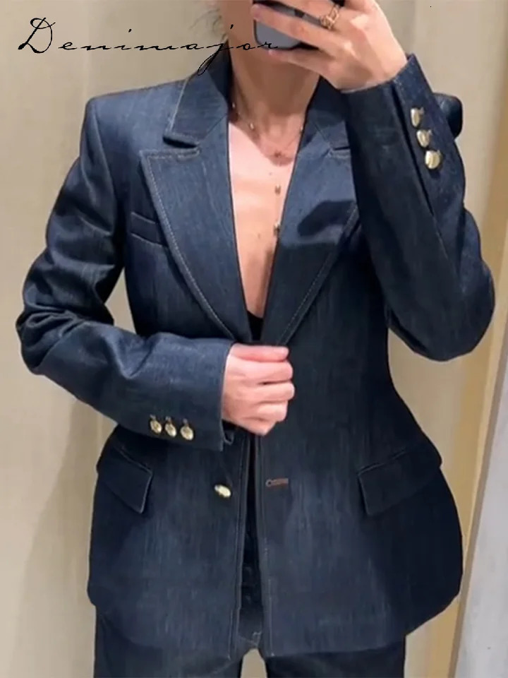 Elegant Solid Denim Women Trouser Suits Lapel Pocket Jacket Strapless Tanks Straight Pants 2025 Spring Fashion Female Sets 250410