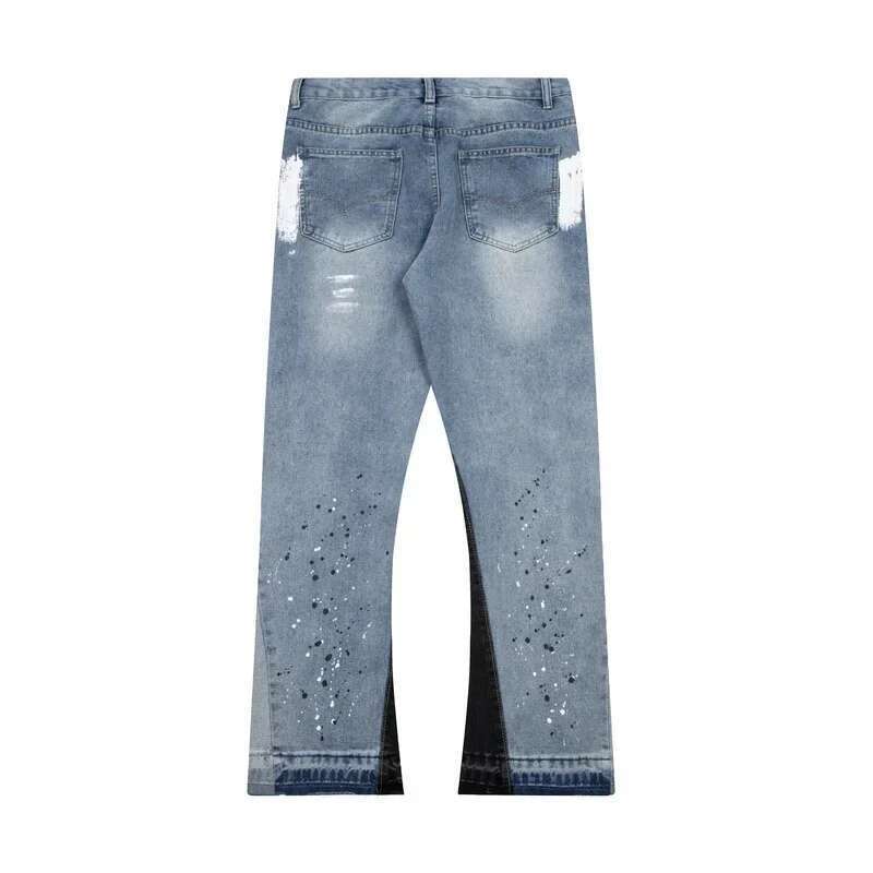 American Retro Washed Letter Spliced Denim High Street Trendy Brand Couple Loose Straight Micro-Flared Long Trousers