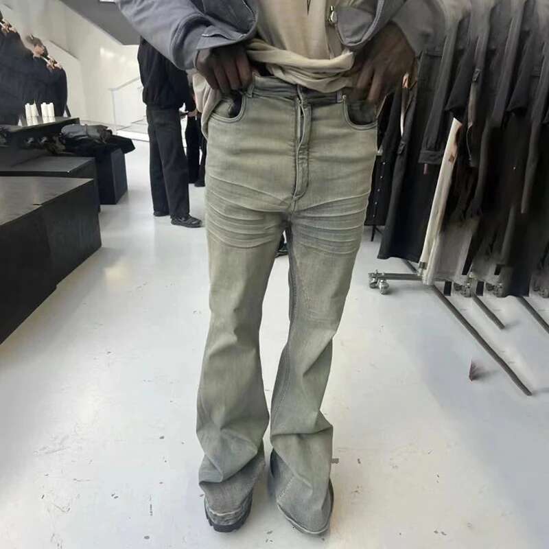 Wrinkled Design Vintage Male Jeans High Street Full Length Washed Wide Leg Pants Trendy Boot Cut Men's Trousers New 28W4545