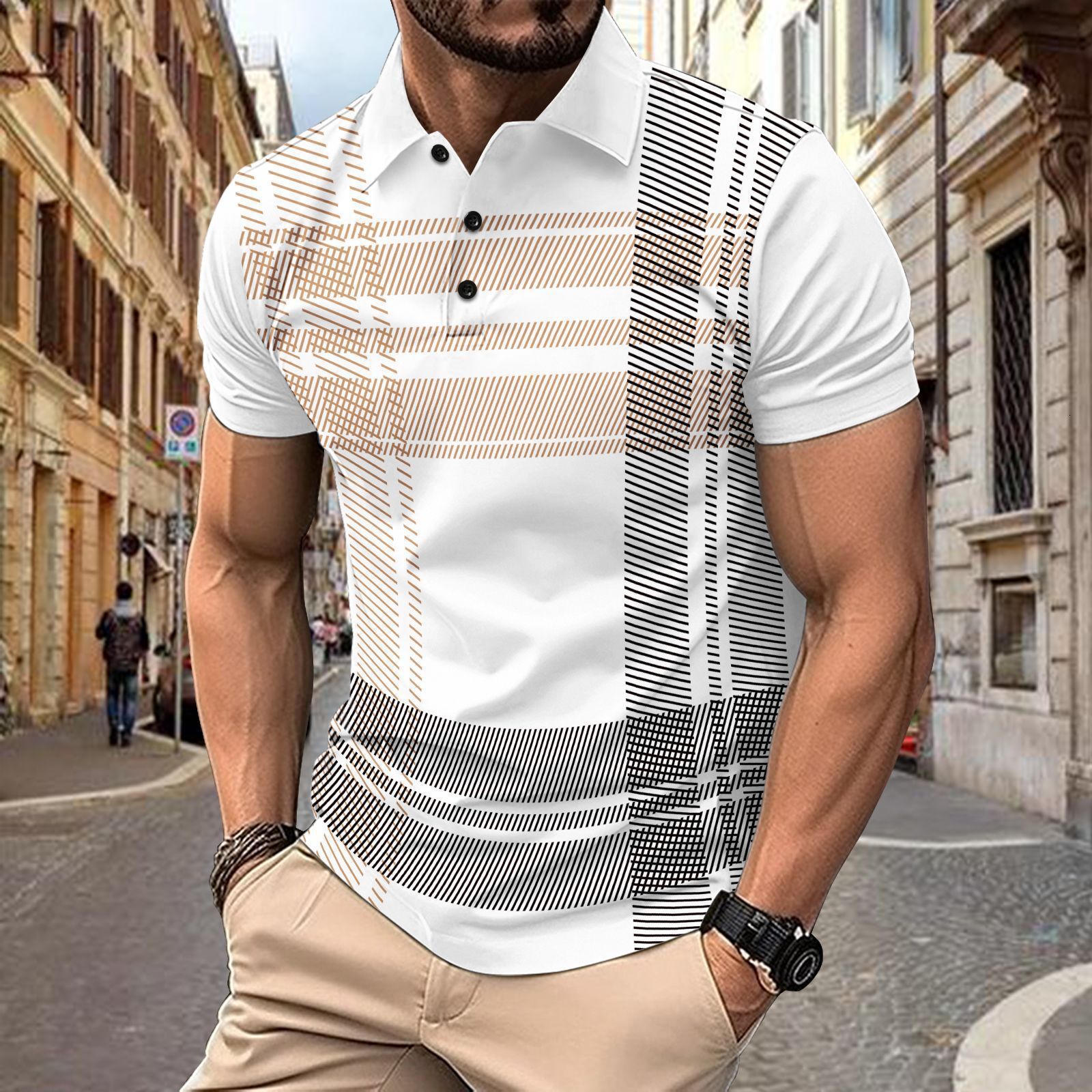 Fast selling Spring and Autumn Fashion Mens Polo Shirt Printed Striped Mens Sports Polo Shirt