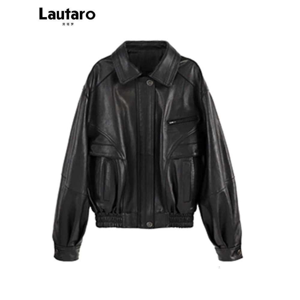 Designer Clothes Lautaro Spring Autumn Cool Retro Waterproof Distressed Brown Pu Leather Jackets For Women Zipper Maillard Style Clothes 2024