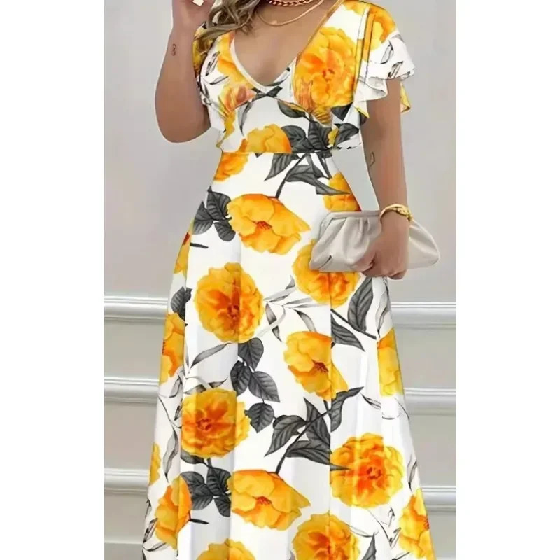 Womens XL5XL Plus size selling Vneck elegant casual printed long skirt big hem suitable for womens clothing 250407