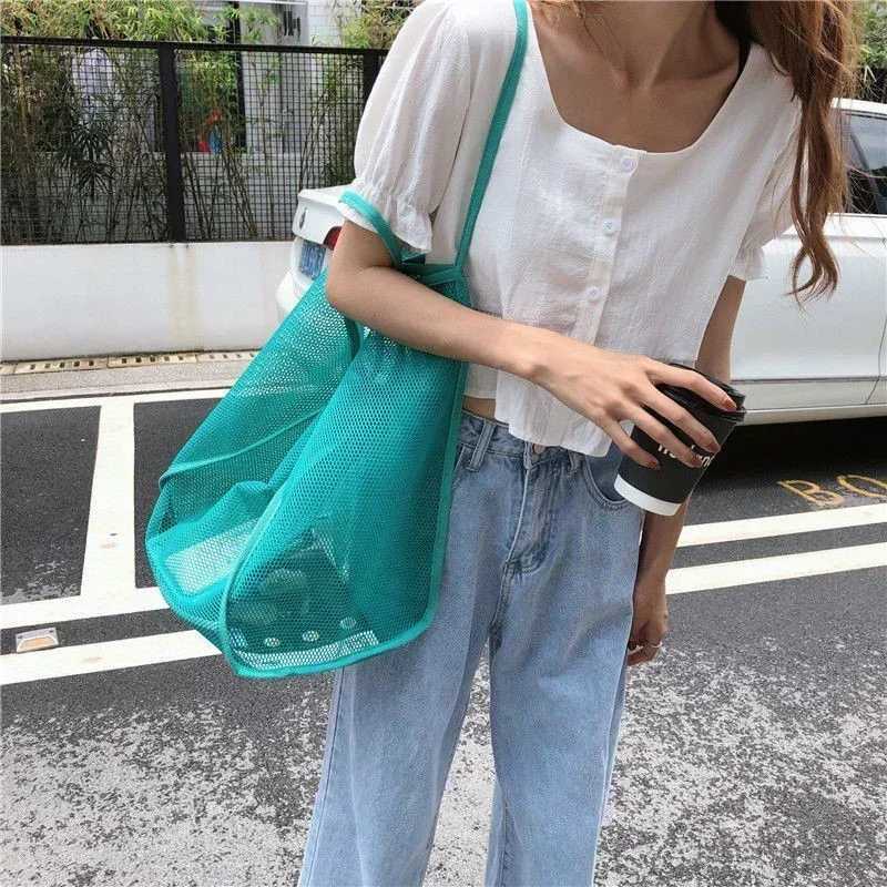 Summer Mesh Handbag Womens Large Capacity Shoulder Bag Transparent Beach Bag Canvas Shopping Stray Bag Womens Handbag W250415