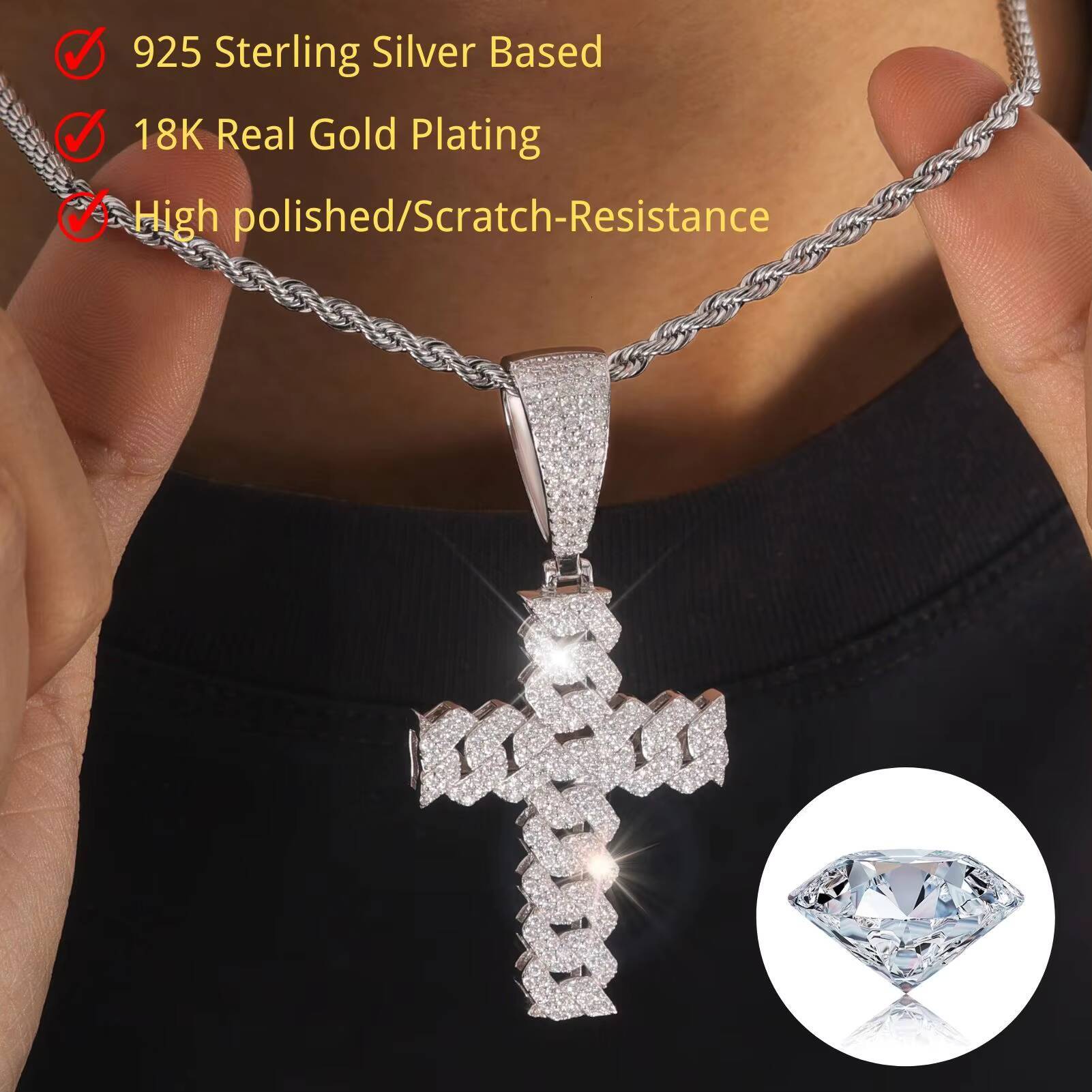 Fine 925 Sterling Silver Paved Diamond 2 Rows Cross Pendant Hip Hop VVS D Moissanite Diamond Pendant Necklace for Unisex