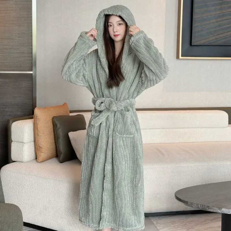 Belt Robe for Women Sleepwear Winter Nightdress Night Wear Warm Fleece Pajama Hooded One Piece Nightgown Solid Sleeping Homewear C251115