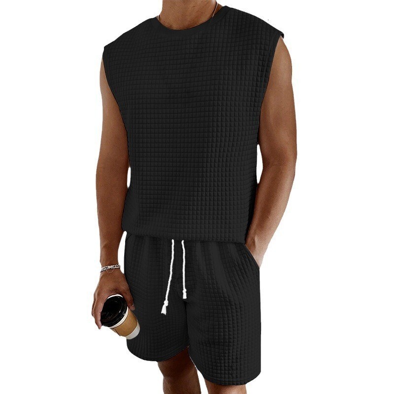 2025 New Men's Sports Summer Casual Small Checkered Sleeveless Tank Top Shorts Set