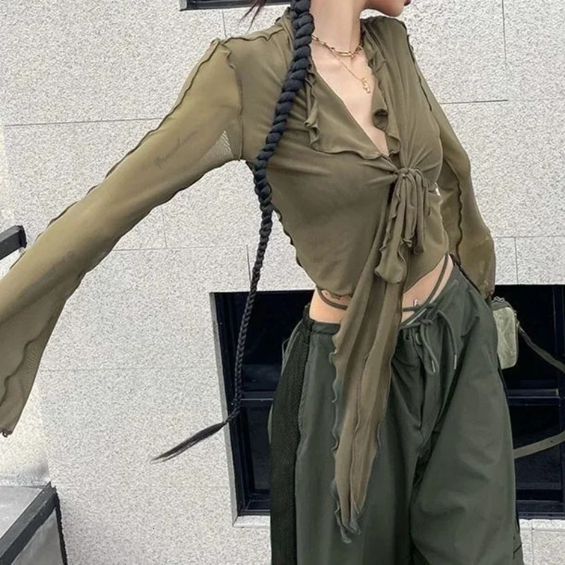 Long Flare Sleeve Blouses for Women Lace-up Mesh Sexy Sweet Girls Korean Fashion Style All-match Solid Elegant Casual 250415