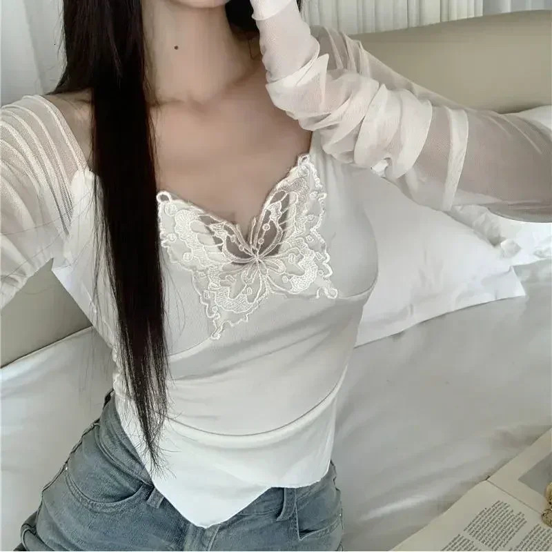 Korean Style Off Shoulder T Shirts Women Aesthetic Butterfly Cropped Mesh Tops Sexy Coquette Y2k Kpop Long Sleeve Tees 250415