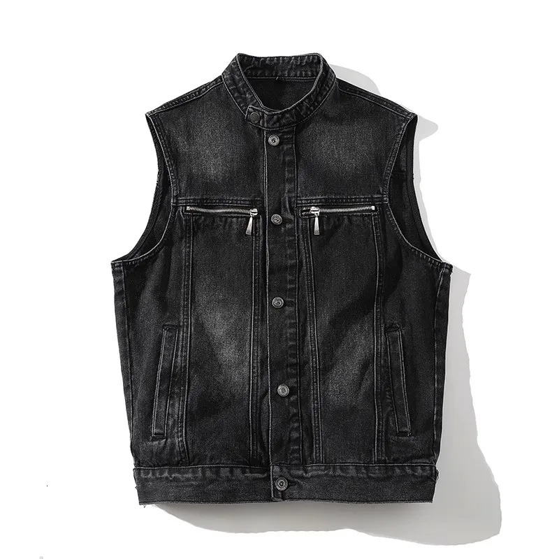 Autumn Denim Vest Men Sleeveless Vintage Moto Biker Jean Jacket Coat Fashion Casual Mens Stand Collar Denim Waistcoat Streetwear 250409