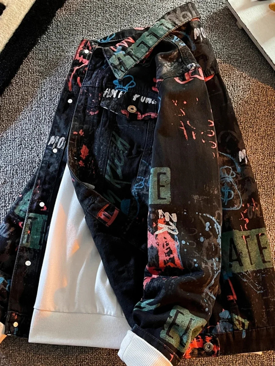 Hip Pop Leter Graffiti Denim Jacket Mens Fashion Spring Punk Wear Korean Kpop Trend Slim Top Unisex Handsome Casual Jeans Coat 250409