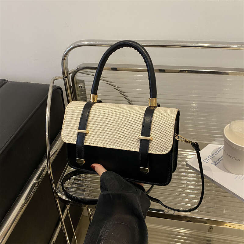 Handmade Beach Bag 2025 New Style Design Single Shoulder Crossbody Stylish Contrast Splicing Belt Decorative Handheld Women's Bag Kq2