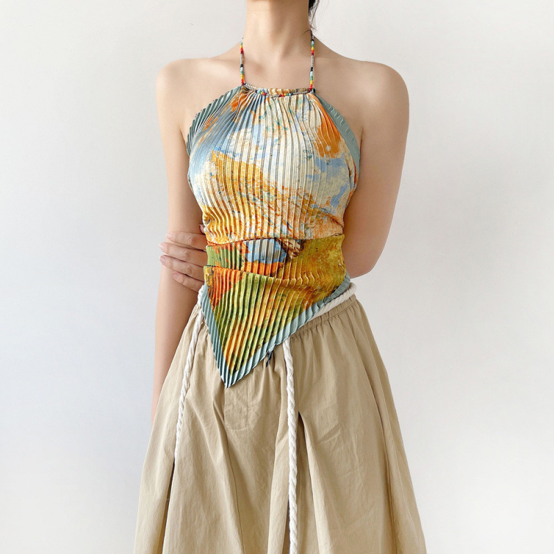 K401 New Japanese and Korean pleated silk scarf suspenders for women, high-end silk scarf, cross-border light luxury style chiffon oil painting style 