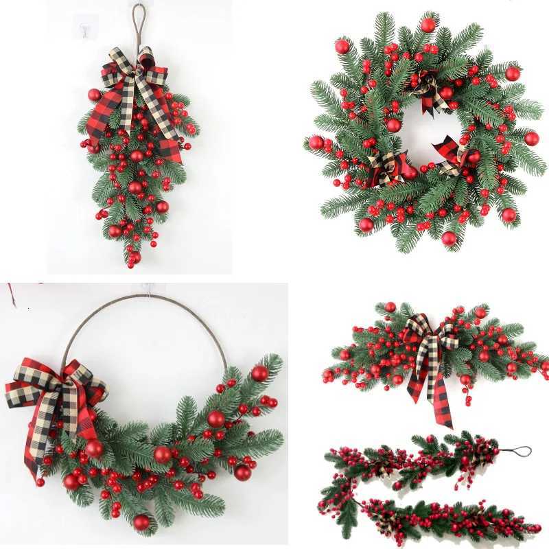 Christmas Red Berries Pine Branch Wreath Artificial Berries Snowy Pine Front Door Wreaths Wall Garland for Christmas OrnamentsM251115