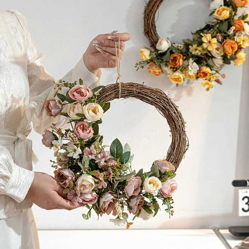 Artificial Flower Rattan Wreath for Front Door Handmade Floral Twig Garland for Weddings Birthday Party Wall Hanging DecorM251115