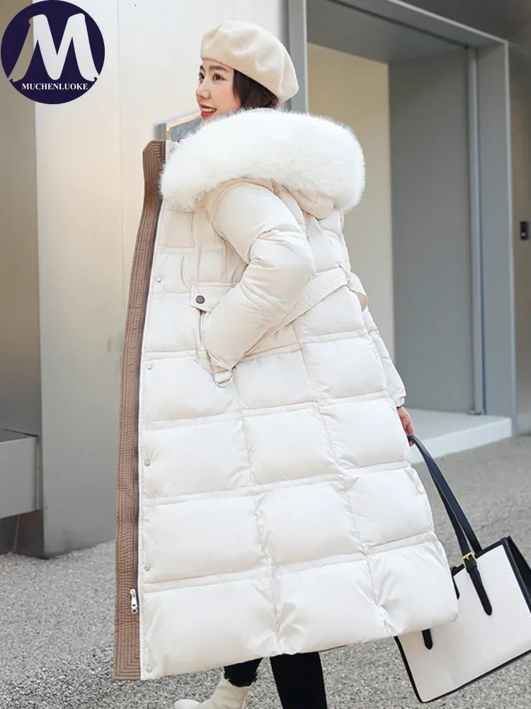 Womens Slim Fit Long Parkas Hooded Jackets Fur Collar Below The Knee Korean Fashion Warm Coats Autumn Winter 251110 - view 7