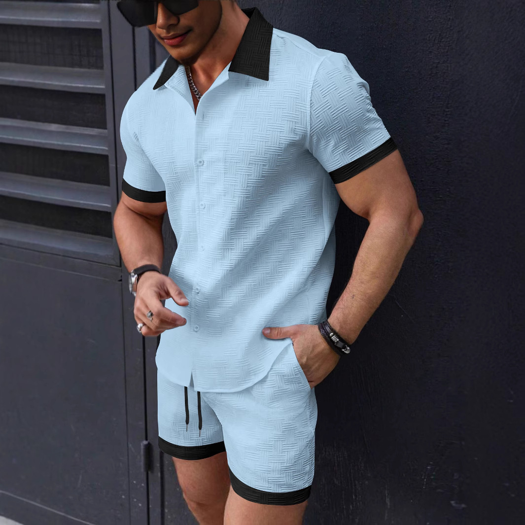 Summer mens shirt casual breathable color blocked short sleeved shorts beach set