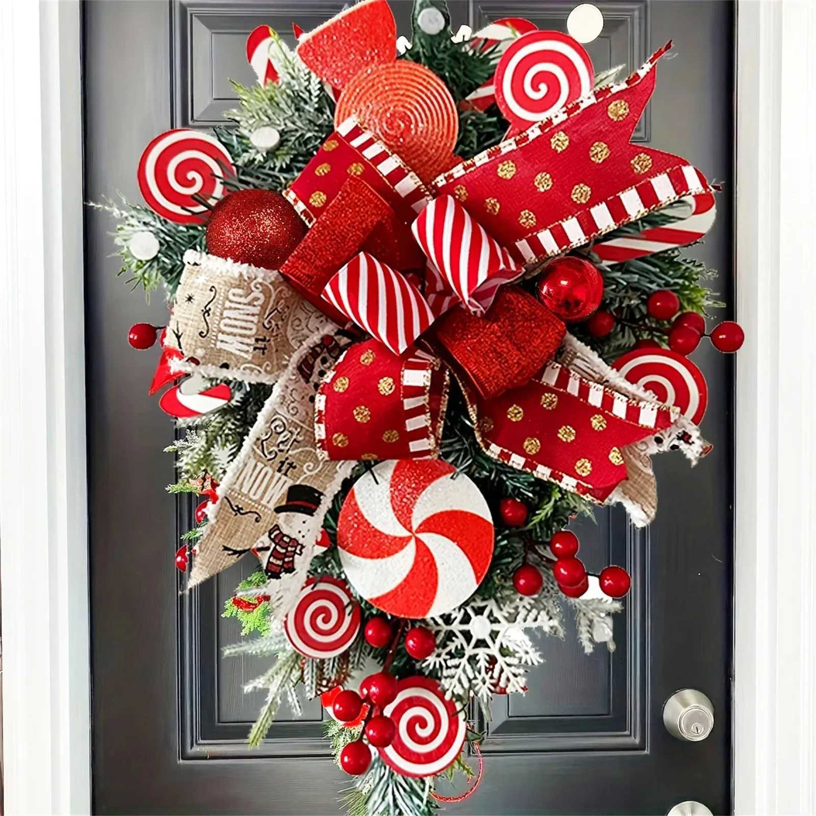 2025 Christmas Door Wreath Red And Candy Cane Teardrop Ornaments With Balls For Home Outdoor Decoration 3D Christmas FlowerM251115