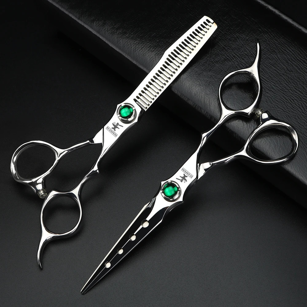 XUANFENG VG10 Steel Emerald Screw Silver Hair Scissors Barber Cutting Scissors and Thinning Scissors 250414