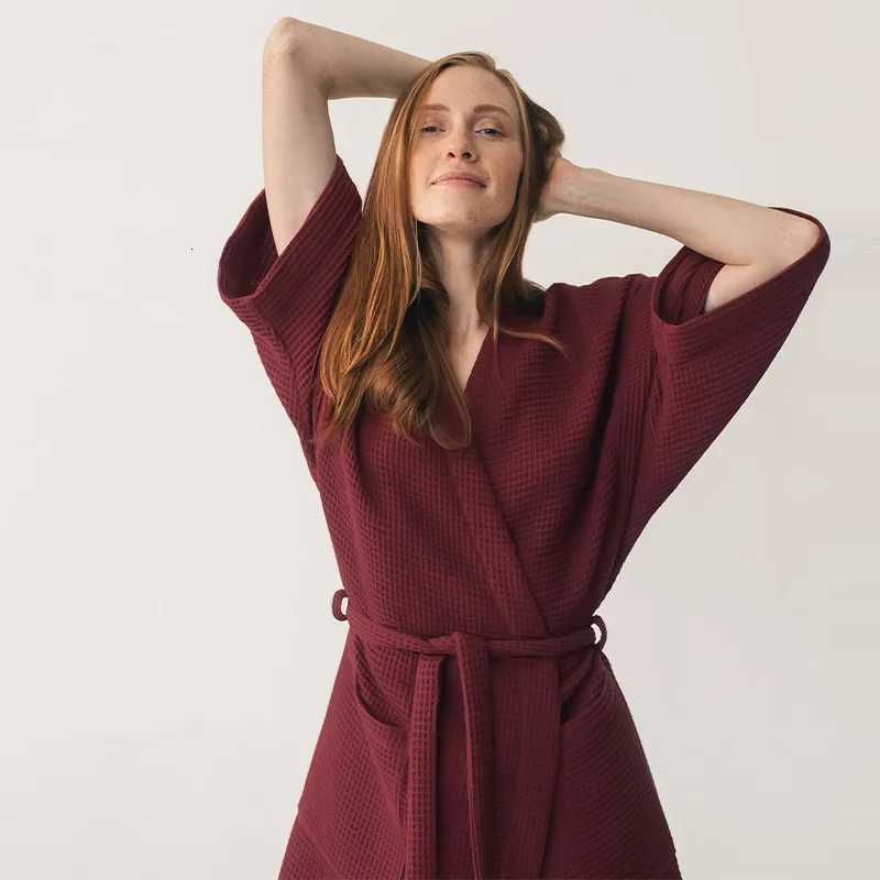 Cotton Waffle Night Robe Women Solid Knitted Elegant V Neck Pajamas with Belt Harajuku Bathrobe Night Wears for Women C251115