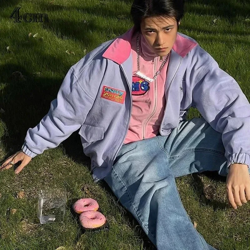 Retro purple spring jacket mens and womens bomber spring autumn loose Harajuku university jacket zipper street unisex hip-hop jacket 250415