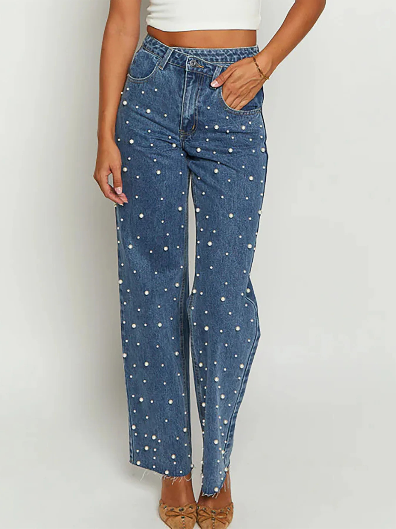 Jeans denim pants beaded high waisted casual straight Y2k streetwear elegant patchwork mom jeans 250414