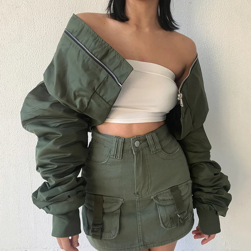 High waisted cut flight jacket for womens spring and autumn long sleeved folding zipper jacket casual loose bomber jacket 250410