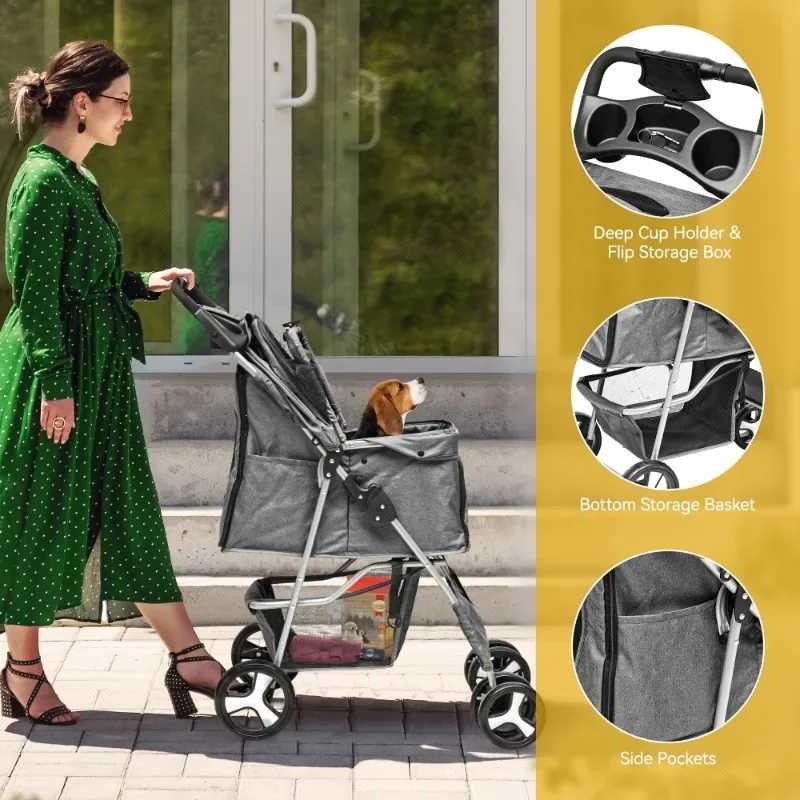 4-wheel folding dog cart with storage basket pet cart with 360 degrees? Rotating wheel suitable for small and medium-sized dogs and cats X250415