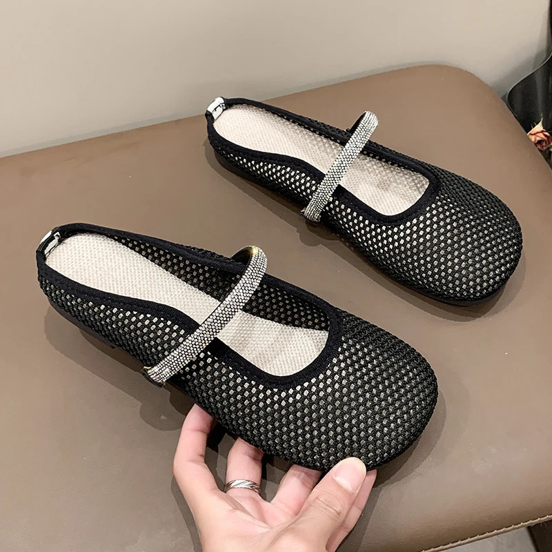 Ladies Baotou Half Slippers Autumn Round Head Shallow Mouth Mesh Breathable Soft Bottom Sandals 250411