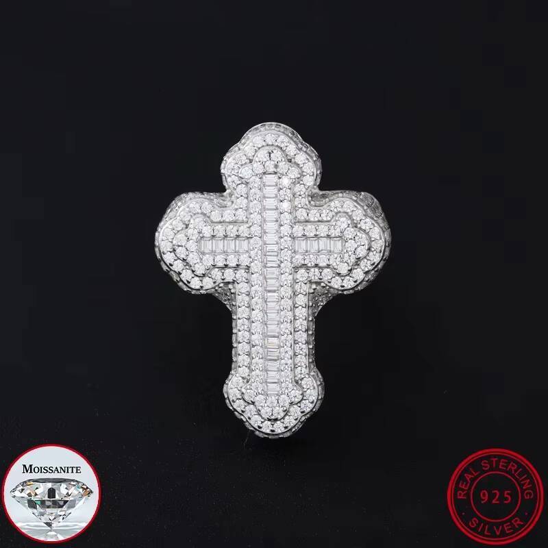 Iced Out Baguette Cut Cross S925 Silver VVS1 Moissanite Rings For Men Hip Hop Gold Jewelry