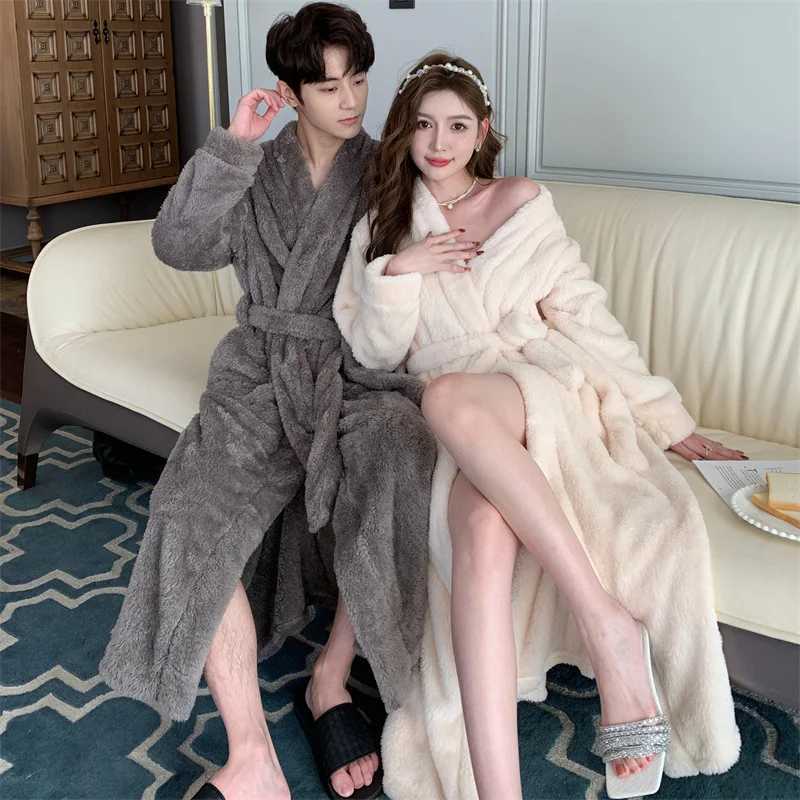 Autumn Winter Flannel Couple Home Clothes Simple Sweet Comfortable Sexy Warm Long Nightgown Mens Robe Coral Fleece Bathrobe C251115