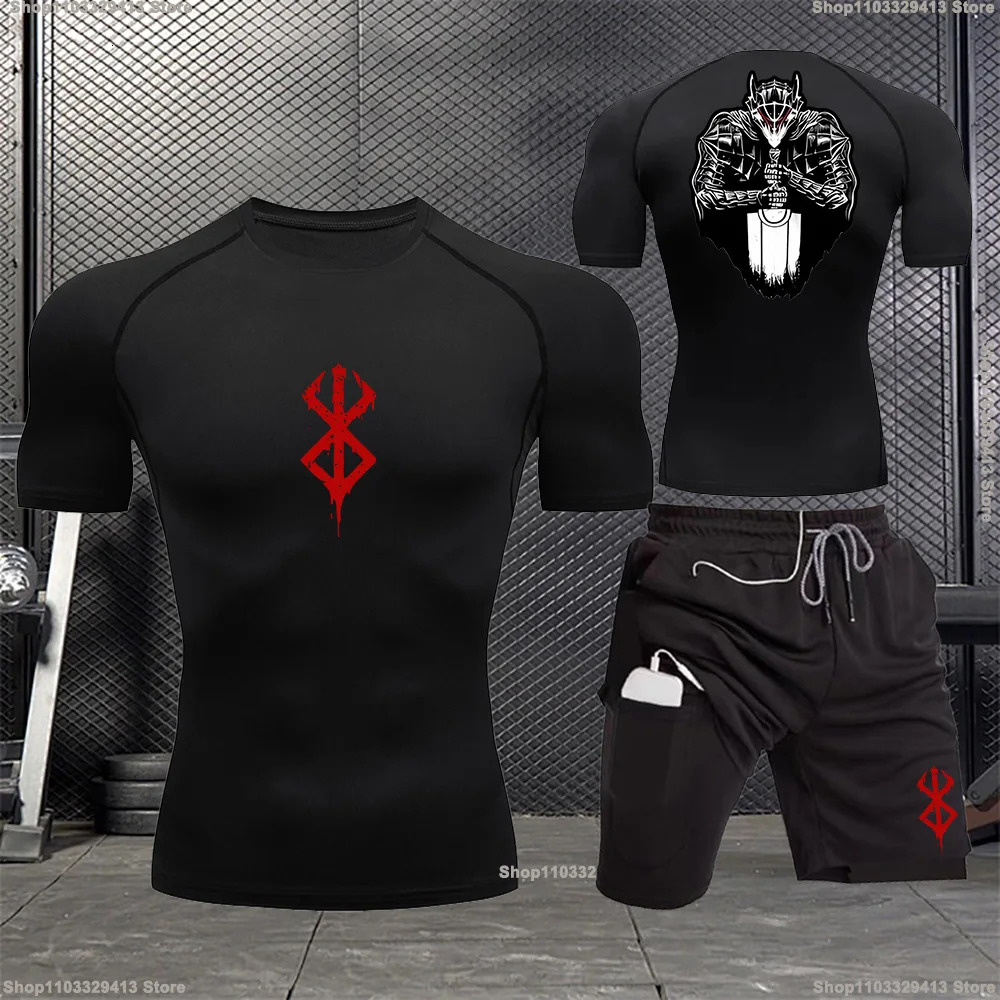 Compression Men Sports Clothing Two-Piece Summer Casual Fiess Suit Short-Sleev