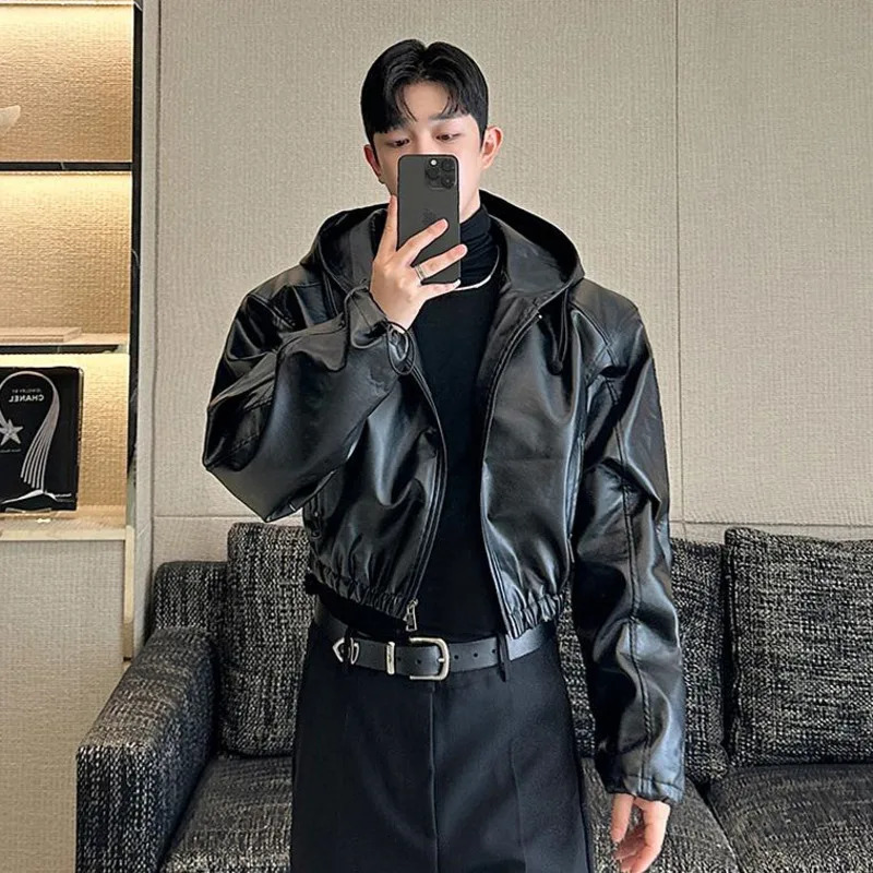 IEFB American Style Mens Jackets Casual Pu Leather Drawstring Hooded Solid Color Loose Male Coats Personalized Autumn 9C7986 250409