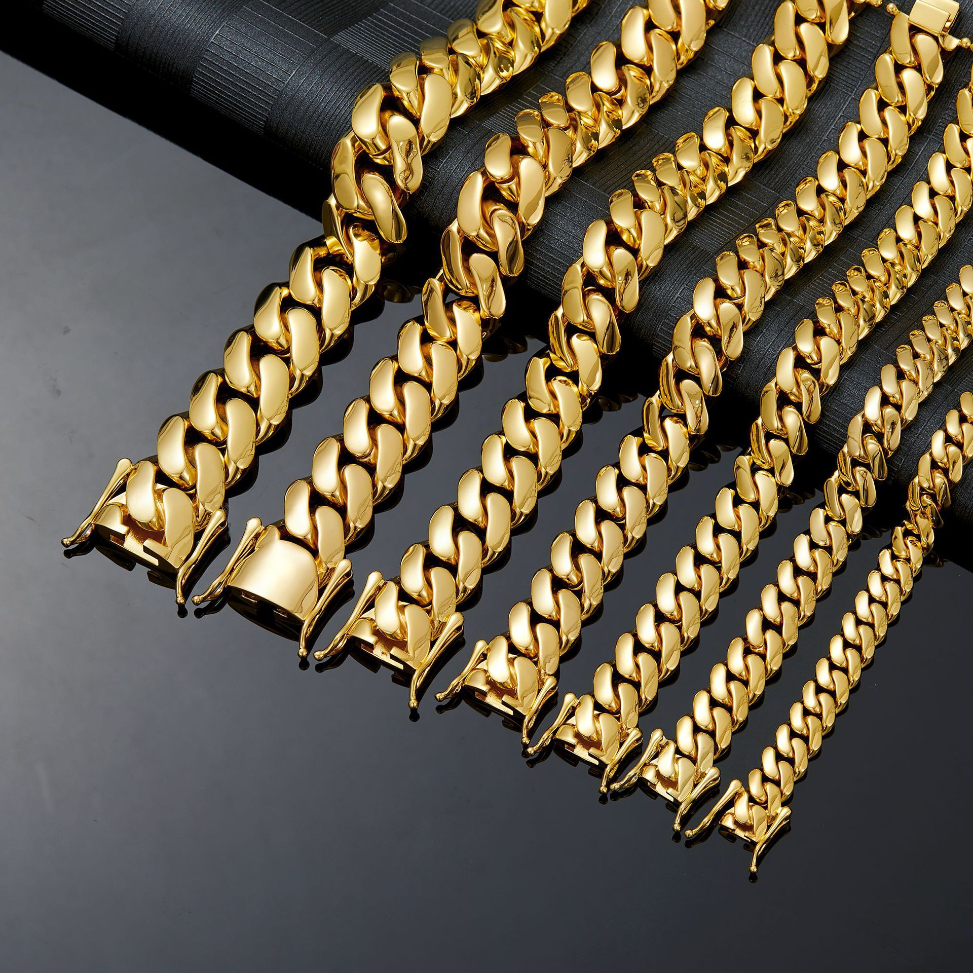 8-22mm Shiny Miami Cuban Link Chain Bracelet Stainless Steel Gold Plated Jewelry