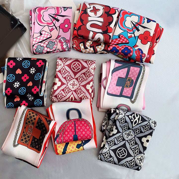 100-135Cm Simple Presbyopia Printing Floral Imitate Silk Scarf Headband Women Girls Fashion Long Handle Bag Scarves Paris Shoulder Tote Lage Ribbon Head Wraps 3