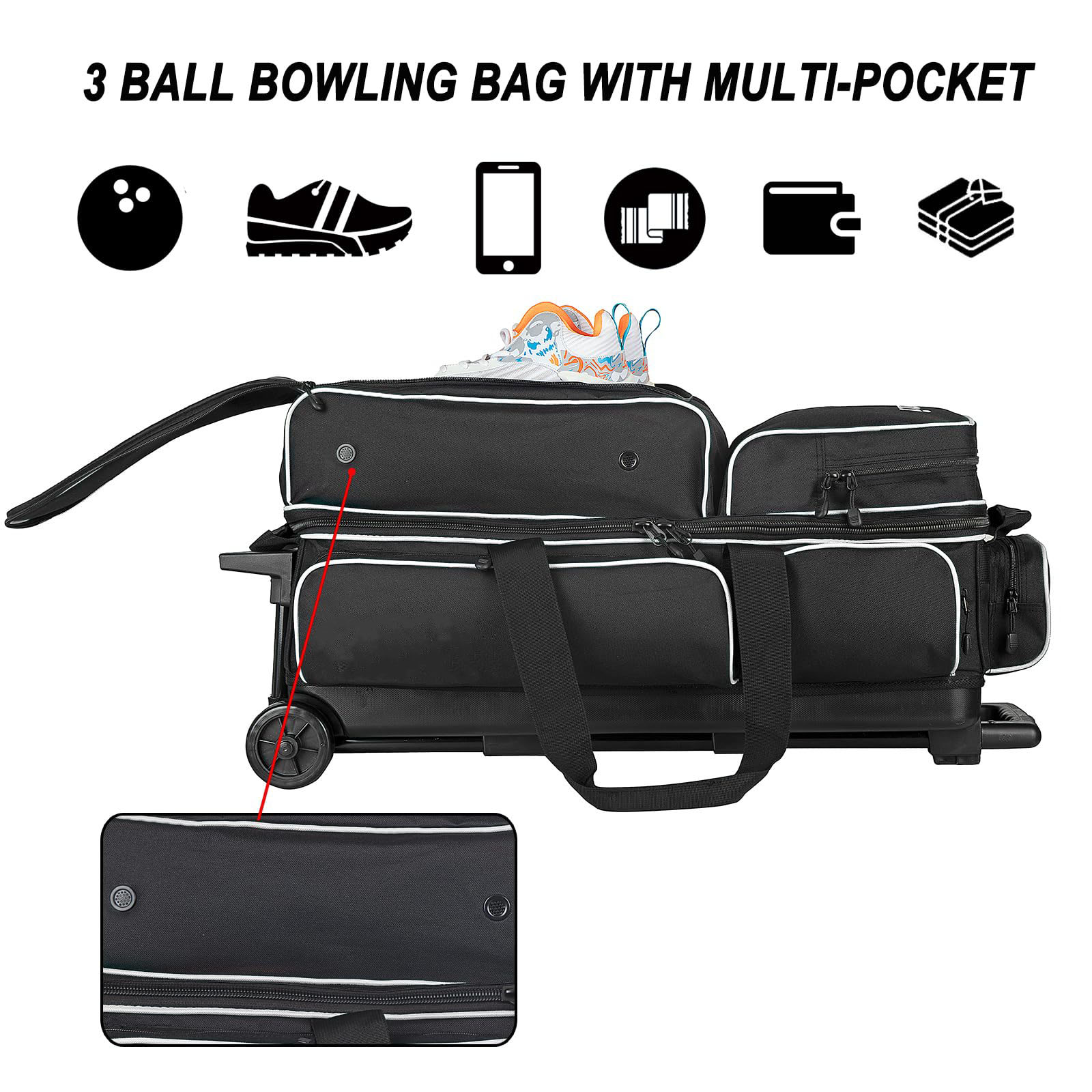 3 Bowling Ball Bag With Wheels - Rolling Bag for Balls & Accessories - Retractable Handle Extends to 38"