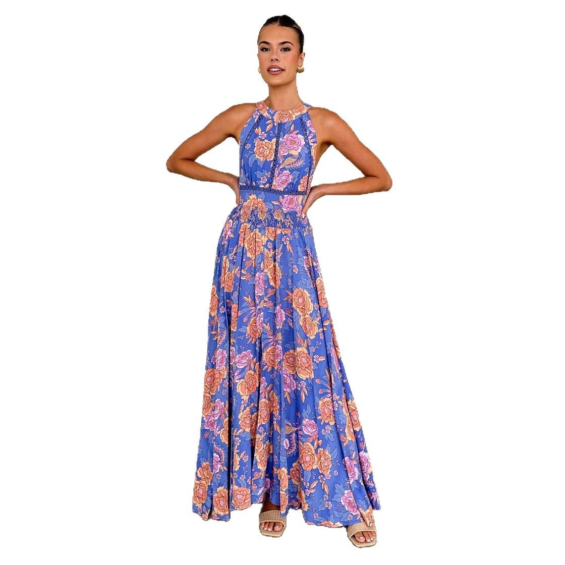 G421Chic Halter Neck Boho Floral Dress High-Rise, Backless Summer Beachwear