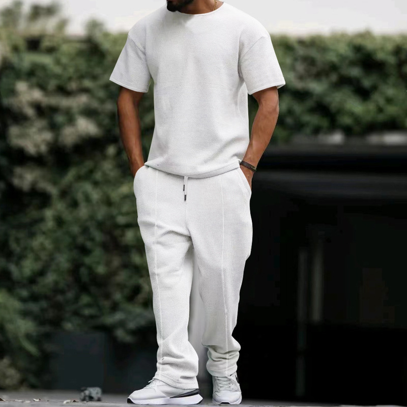 Men's short sleeved and long pants set, waffle oversized round neck casual set