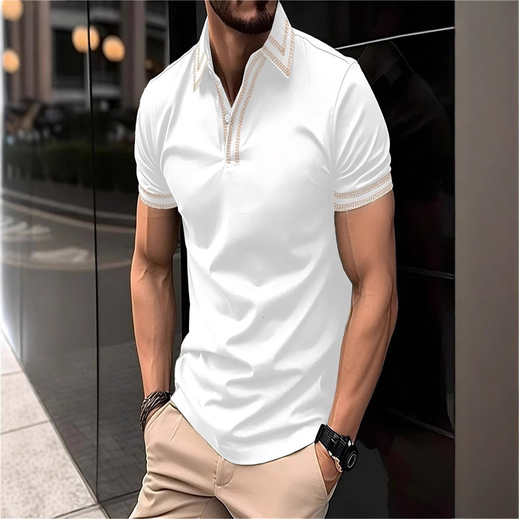 Mens POLO summer daily casual tactical training patchwork lapel line solid color short sleeved t-shirt