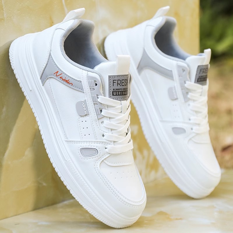 Free shipping Men's High-Top Basketball Shoes with Leather Upper and Red Mesh Internally elevated soft soled running shoes Plushy white plain