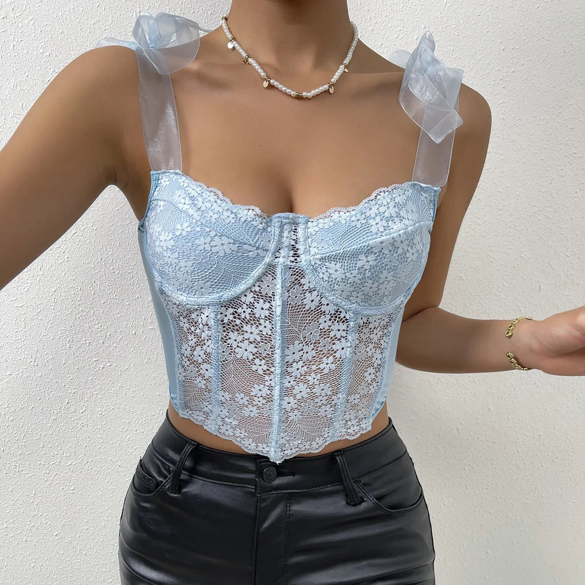 Lace Bow Ribbon Floral Mesh Hollowing Corset Rhomboid Fishbone Crop Tops Korean Sweet Style Sexy Camisoles for Party Vacation 250415