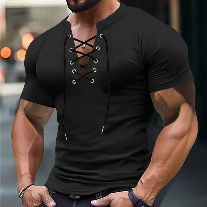Large size summer men's T-shirt V-neck tie casual sports short sleeved men