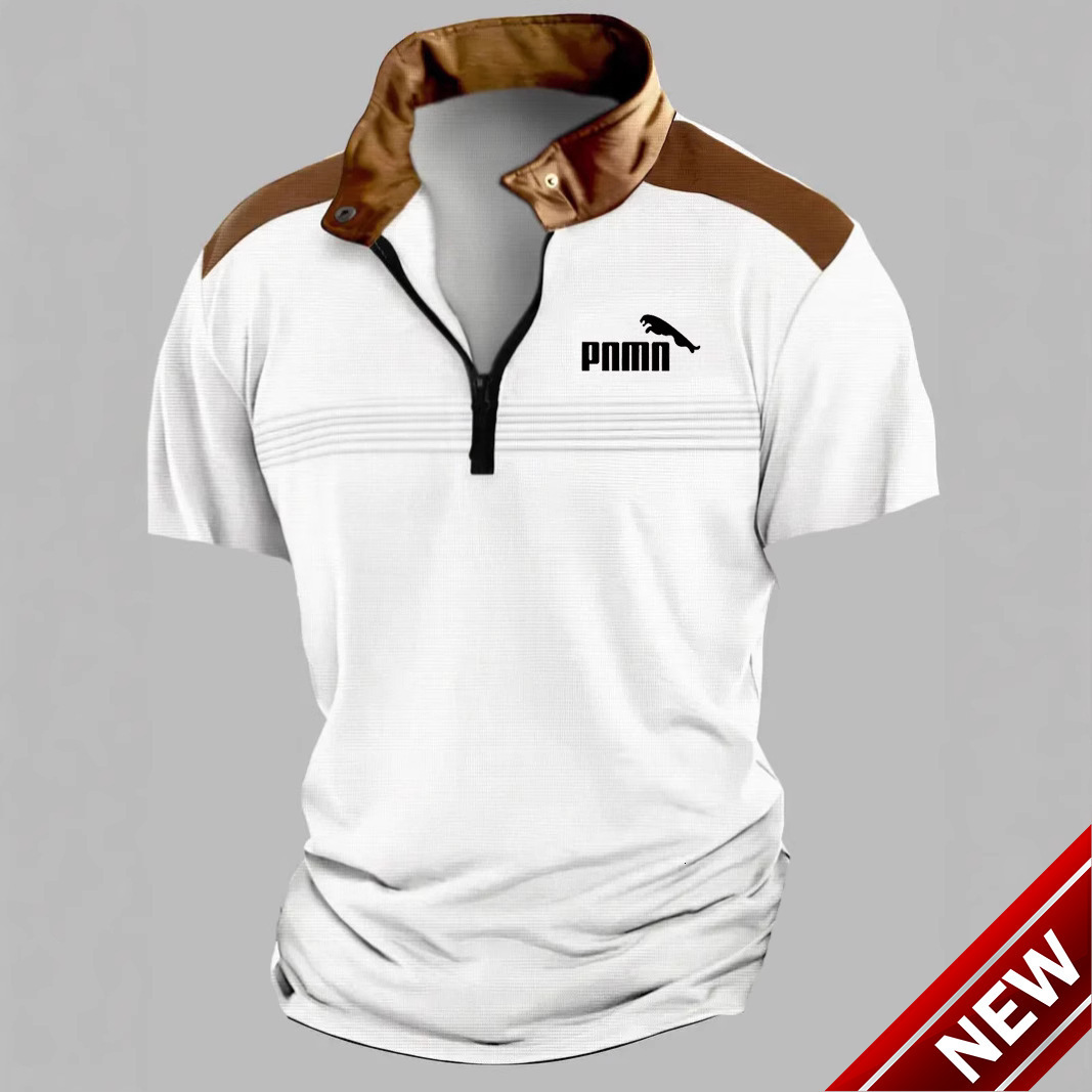 Summer Mens Polo Zipper Short Sleeve Fashion Splicing Chest Wrinkle Breathable Polo Shirt