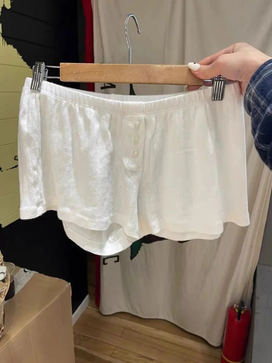 Eyelet Buttons White Long Sleeve T-shirt Set Womens Ultra Thin T-shirtElastic Straight Sweater Cotton Home Sleepwear 2-piece Set 250409