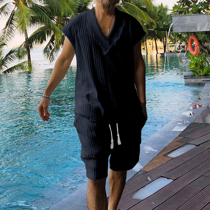 casual jacquard knit for men's summer loose oversized sleeveless T-shirt and shorts set