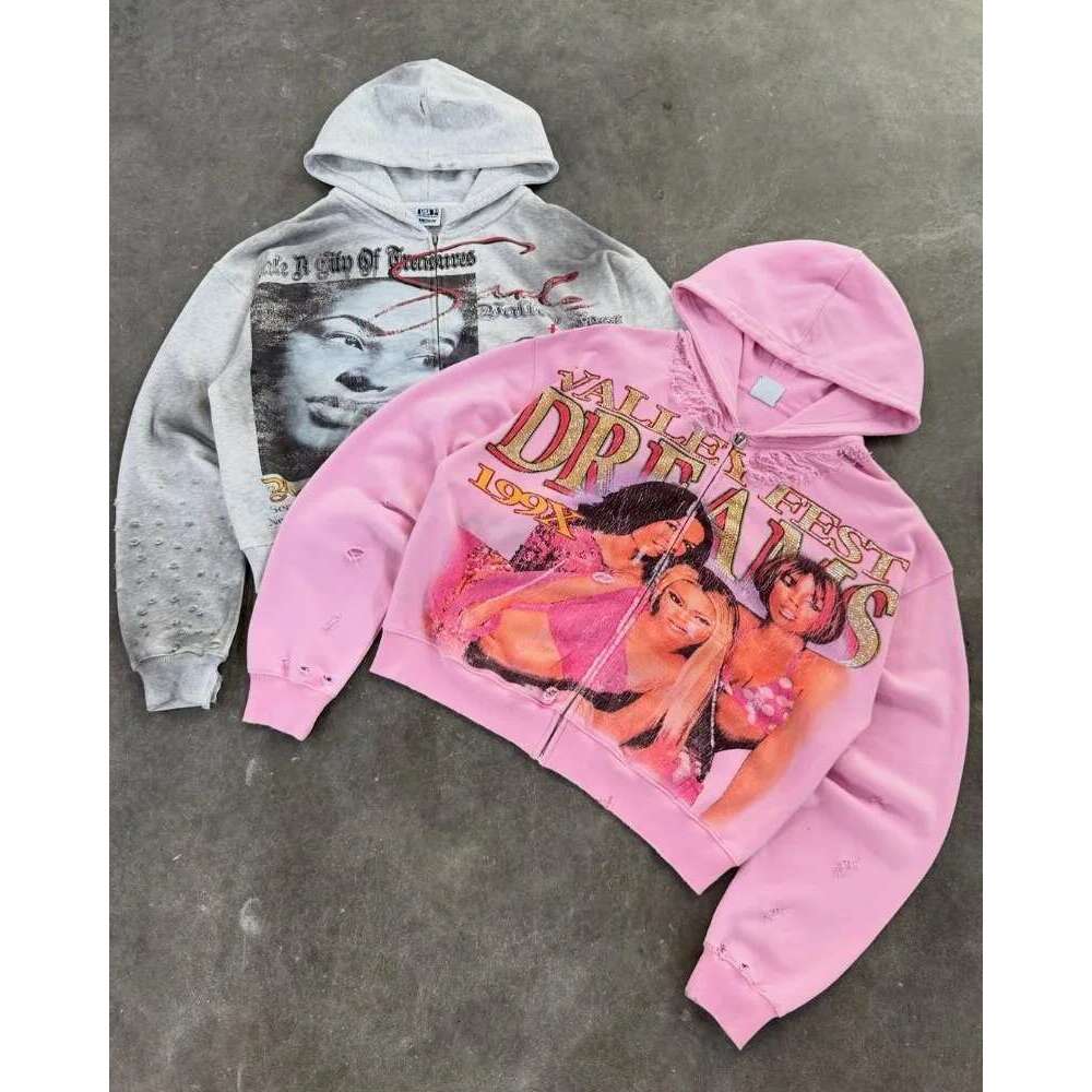 2025 Y2k American Haruku Retro Cartoon Printed Sweatshirt Men Casual Loose Hip Hop Oversized Zipper Hoodie Women