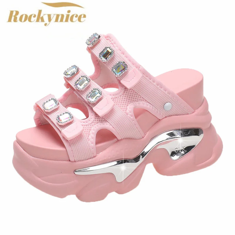 Summer breathable mesh slippers for womens outdoor short and chubby sandals wedge platform pearl shoes for womens beach flip 10.5CM 250408